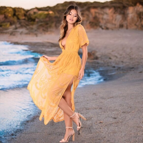 Honey Punch Floral Lace Maxi Dress Mesh Open Slit Short Attach Romper Boho Small - Picture 1 of 13